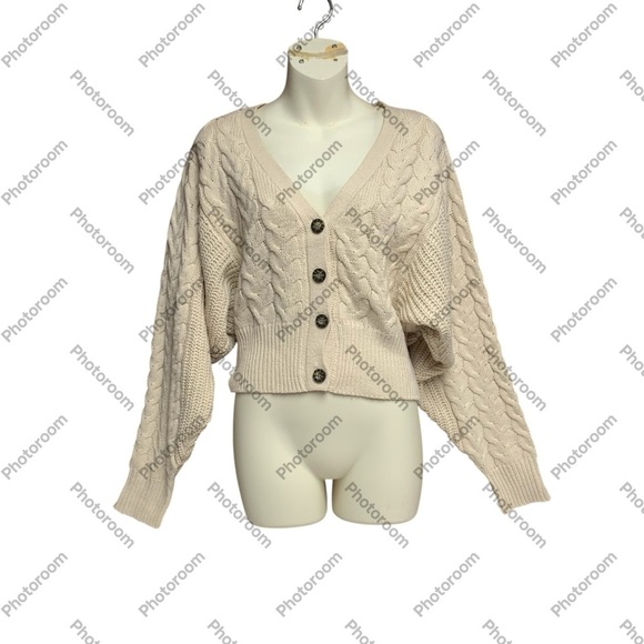 HYFVE M Beige Cable Knit Button-Up Sweater slight crop dolman sleeve - Picture 1 of 7